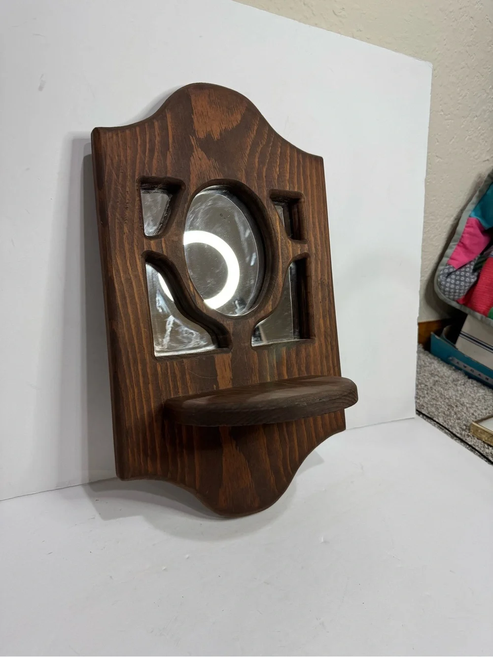 Vintage Carved Wood Wall Mirror with Display Shelf